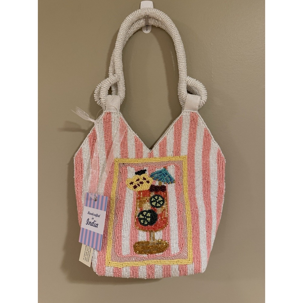 Tropical Drink Cocktail Pink White Beaded Striped Bag Handcrafted India